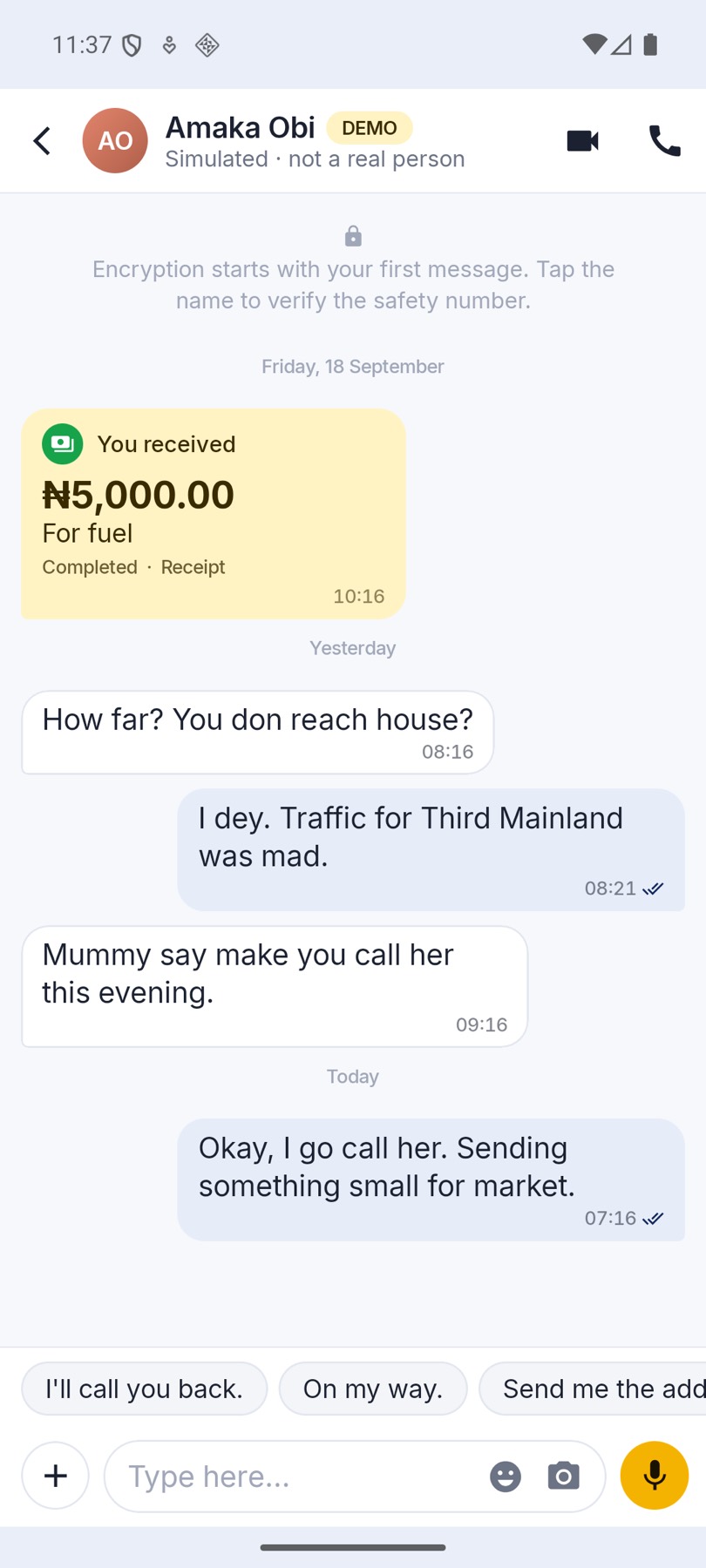 A HaFa chat in pidgin with ₦5,000 received inline, and a DEMO badge marking the contact as simulated.
