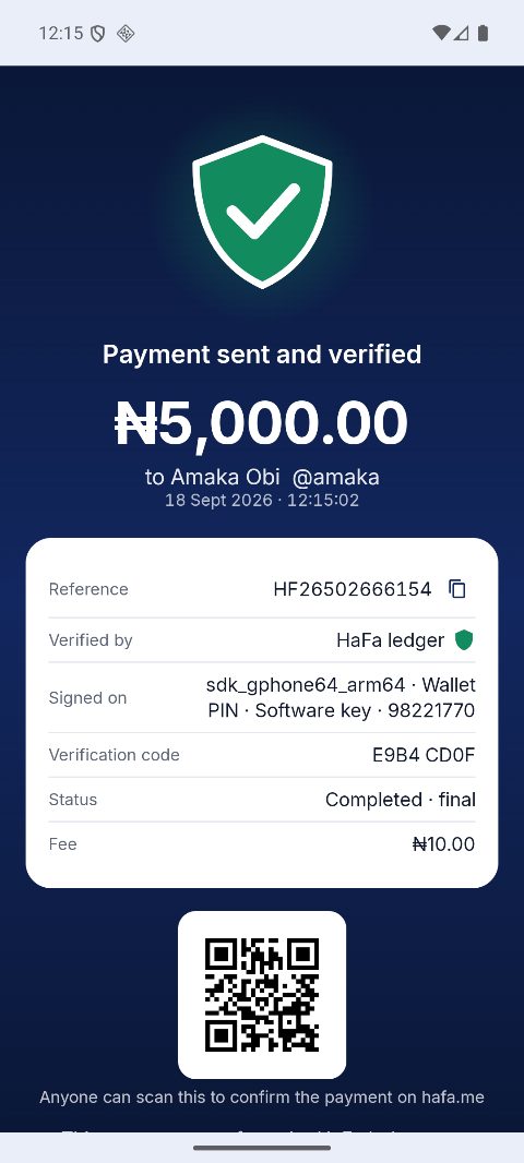A payment proof screen: ₦5,000 sent and verified, with reference, signing device, verification code and a QR code to check it.