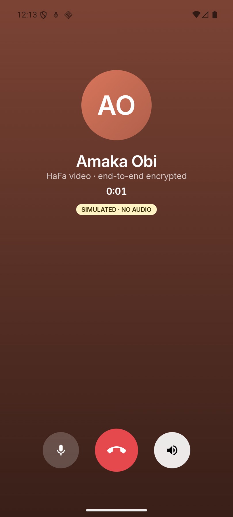 A HaFa video call screen, carrying a SIMULATED badge because there is no audio path yet.