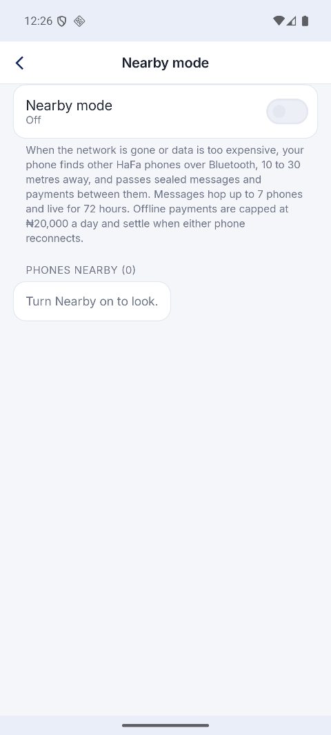 Nearby mode settings, explaining that phones find each other over Bluetooth and pass sealed messages and payments between them.