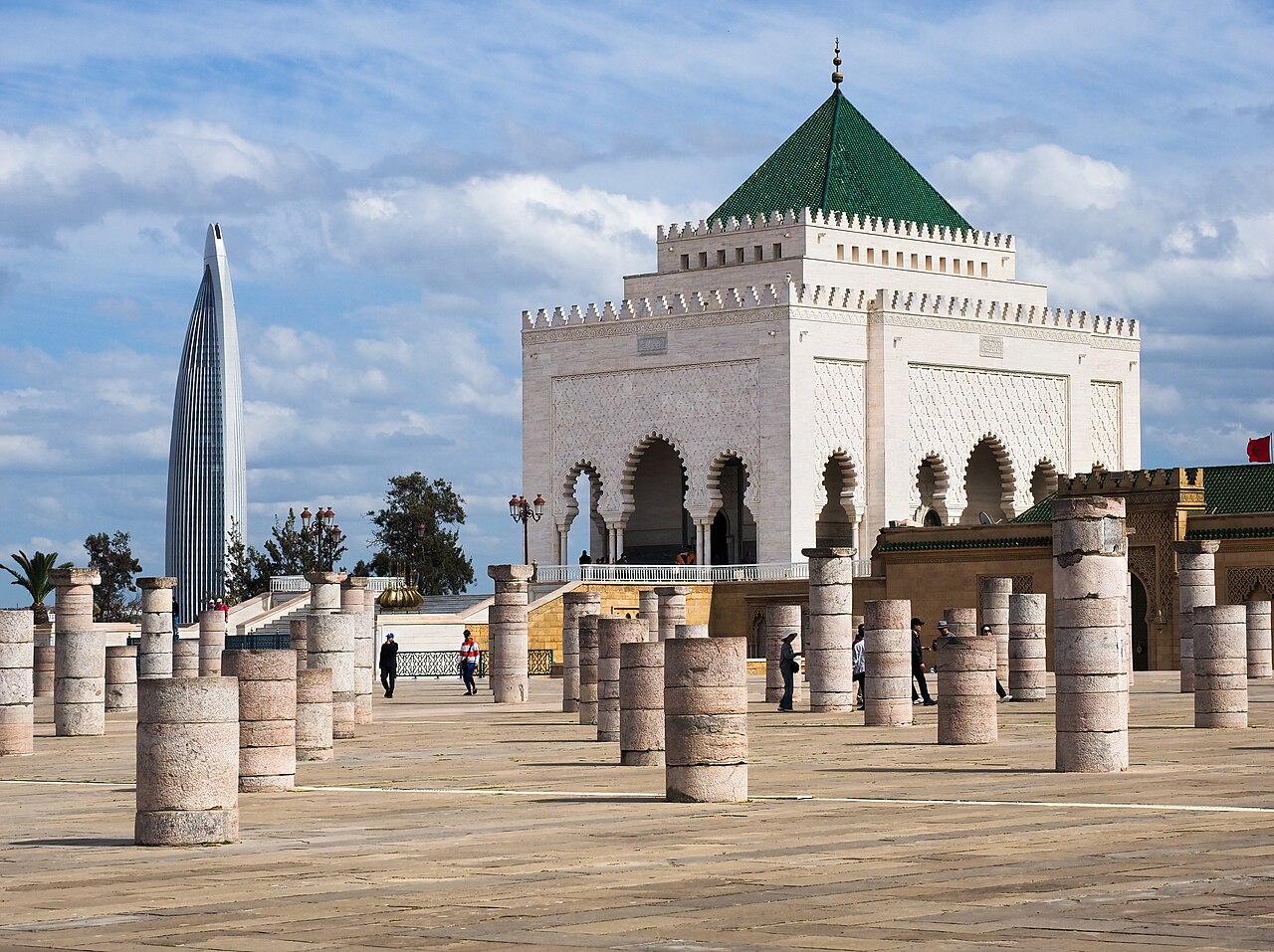 The Mohammed VI Tower rising behind the Mausoleum of Mohammed V in Rabat.